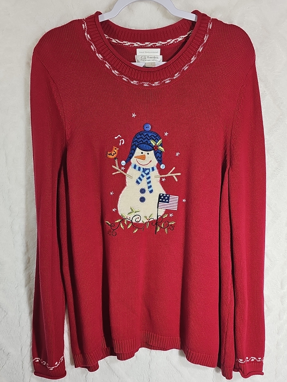 CJ Banks Red Sweater * Snowman * Winter * Hand Embroidered * Y2K * Plus Size 1x